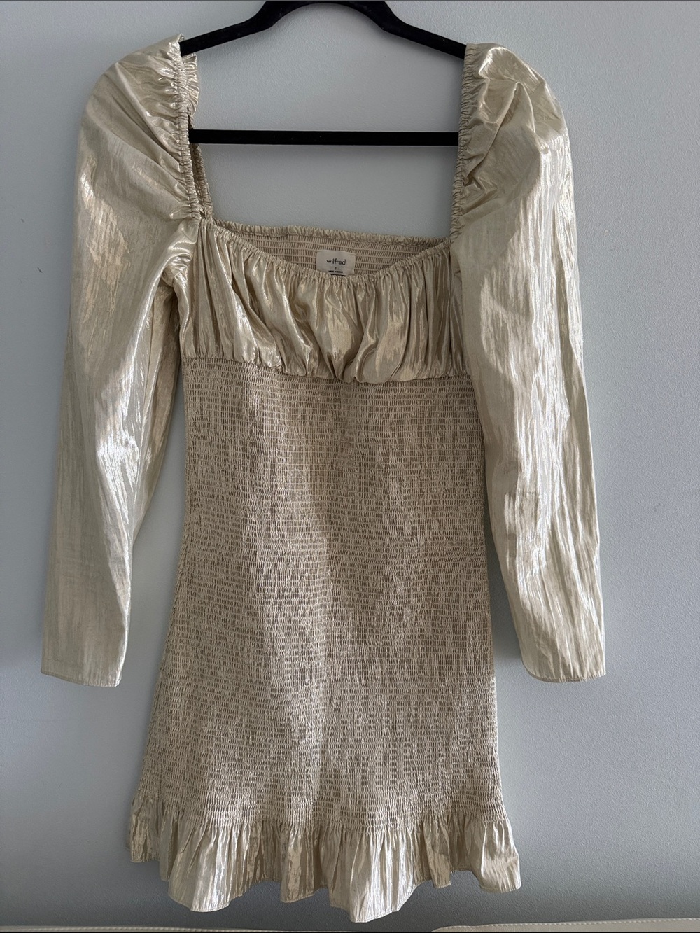 Wilfred Metallic Cream Long Sleeve Smocked Mini Dress